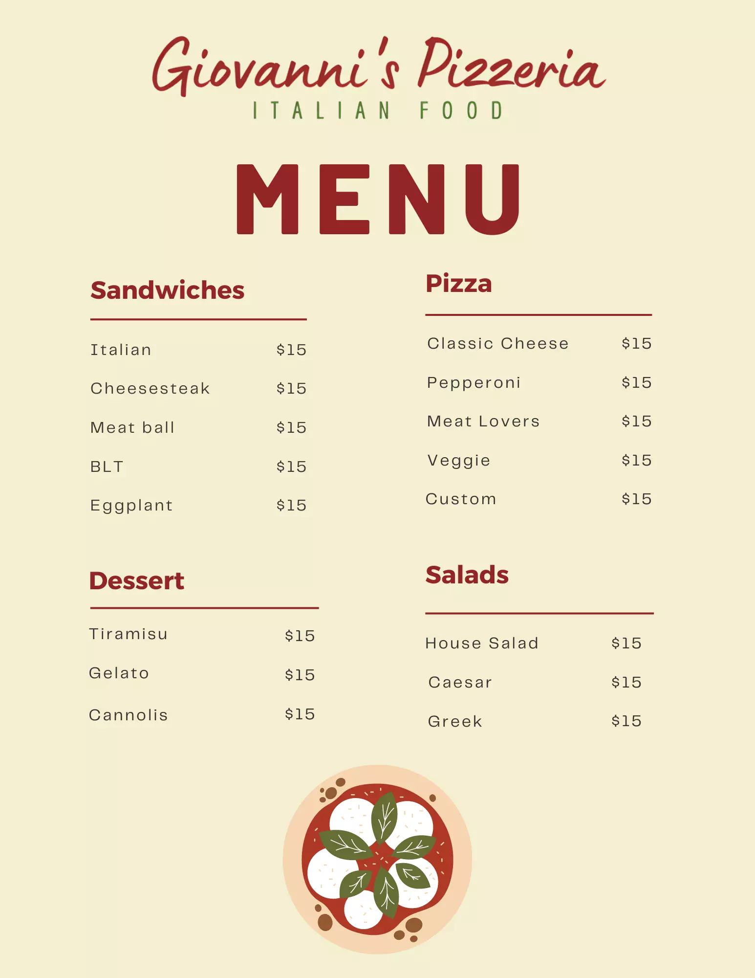 Giovanni Pizzeria Menu